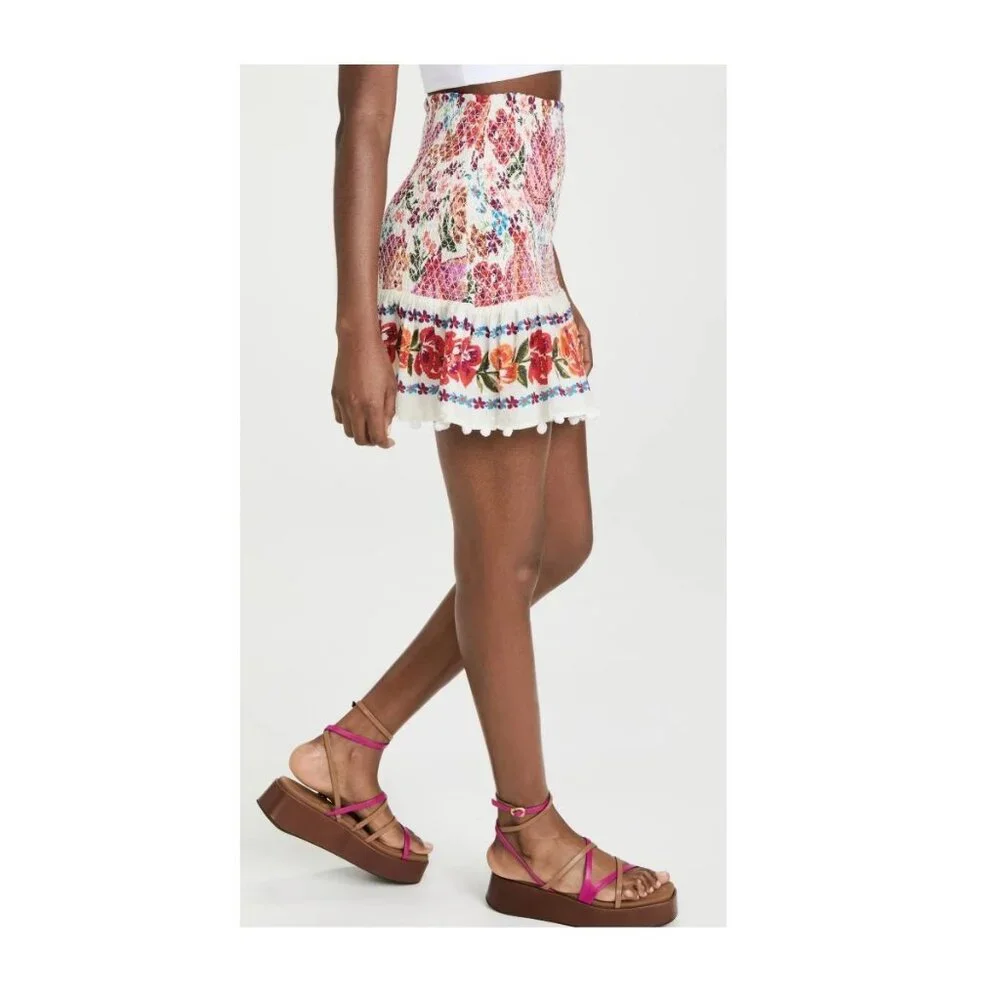 Farm Rio Spring Bananas Mini Skirt Smocked Stretch Floral Multicolor LARGE - Picture 4 of 16